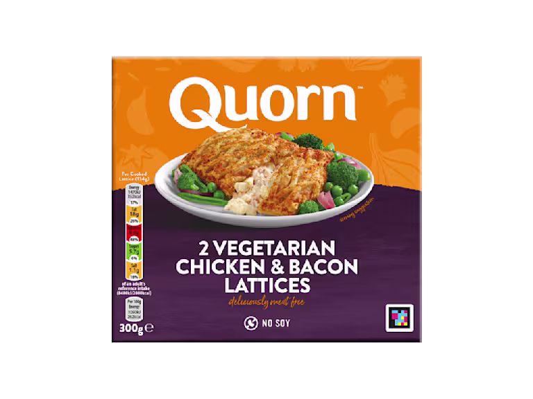 Quorn Vegetarian Chicken & Bacon Lattices packaging with nutritional information.