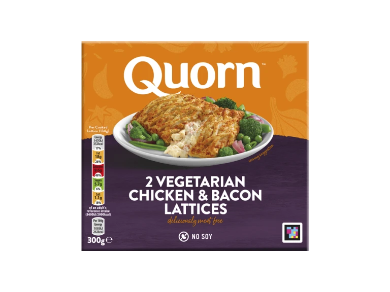 Quorn Vegetarian Chicken & Bacon Lattices packaging with nutritional information.