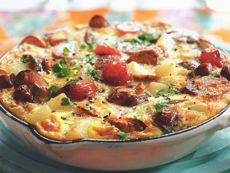 A frittata made with Quorn Sausages, tomatoes, potatoes, and mushrooms in a white cast iron skillet.