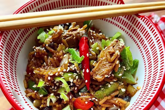 Black bean rice bowl with Quorn Vegetarian Steak Strips