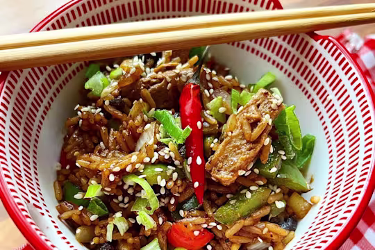 Black bean rice bowl with Quorn Vegetarian Steak Strips
