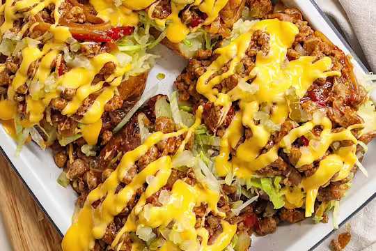Cheeseburger Jacket Potatoes with Quorn Mince, topped with melted cheese, onion, cherry tomatoes, garlic, paprika, lettuce and gherkins on a white plate on a wooden board.