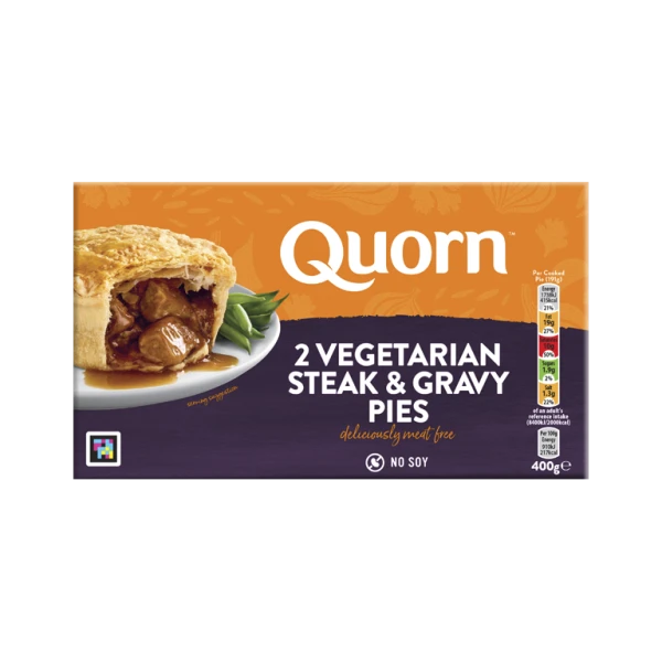 A box of Quorn Steak & Gravy Pies showing the prepared product and information on an orange and charcoal background.