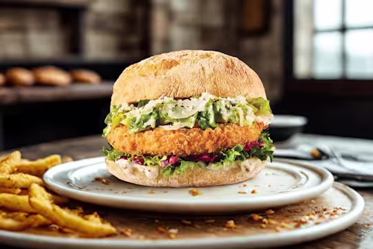 Quorn Southern Fried Burgers, served with caesar salad in a ciabatta-style bun.