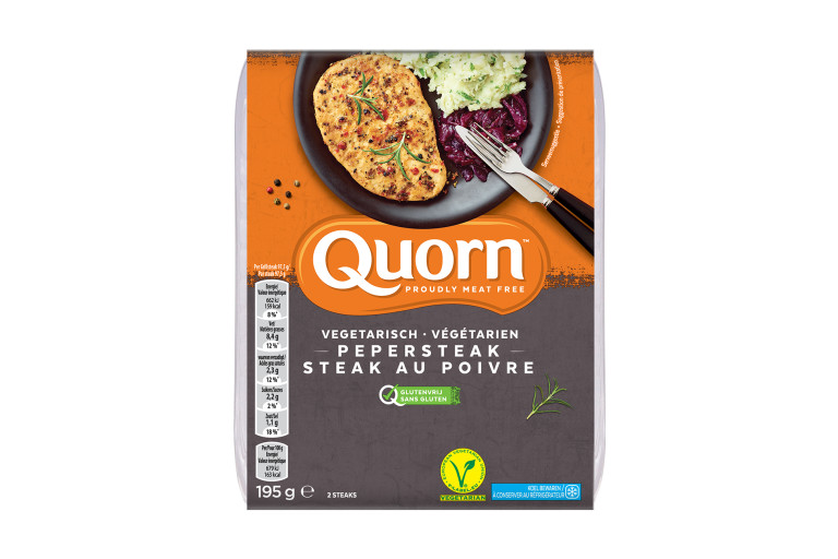 Meat free Quorn Vegetarian Peppered Steaks product packaging with nutritional information