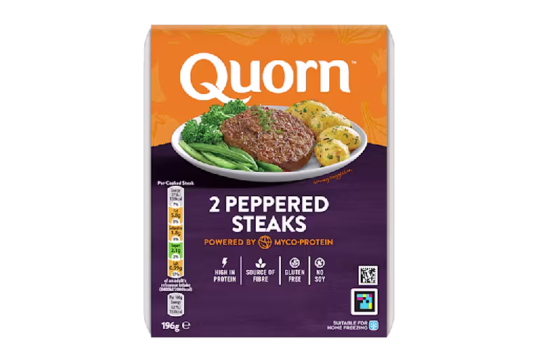 Quorn Vegetarian Peppered Steaks packaging.