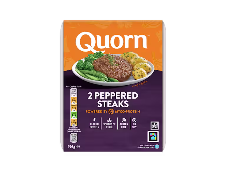Quorn Vegetarian Peppered Steaks packaging.