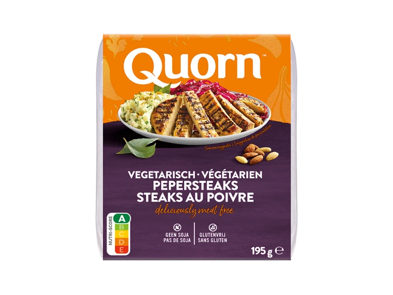 Quorn Vegetarian Peppered Steaks packaging.