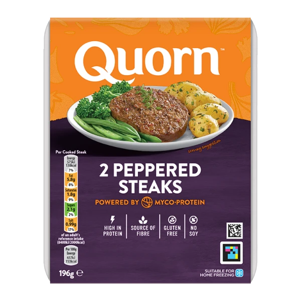 Quorn Vegetarian Peppered Steaks packaging.