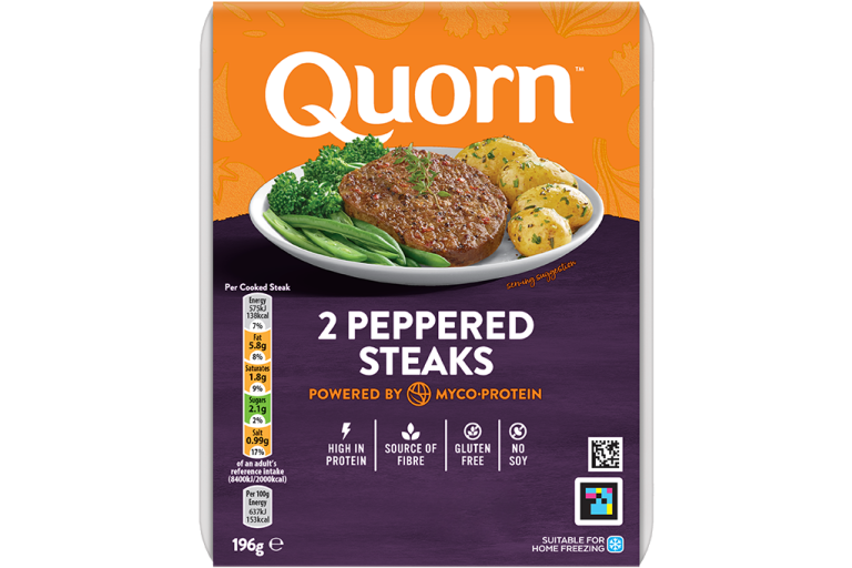 Quorn Vegetarian Peppered Steaks packaging.