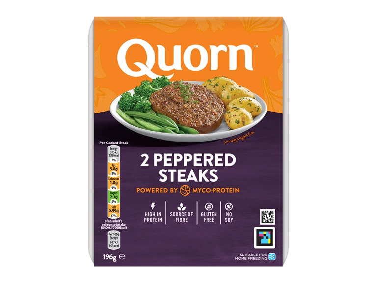 Quorn Vegetarian Peppered Steaks packaging.