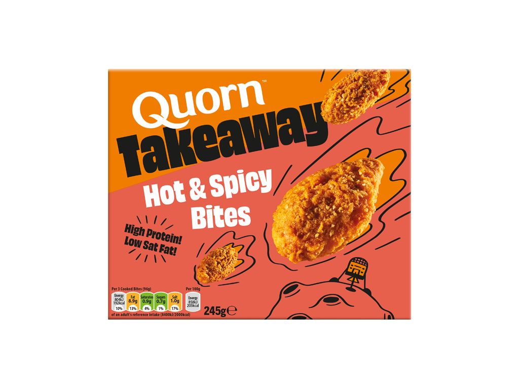 Box of Quorn Takeaway high-protein Hot & Spicy Bites showing crispy vegetarian bites.