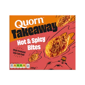 Box of Quorn Takeaway high-protein Hot & Spicy Bites showing crispy vegetarian bites.
