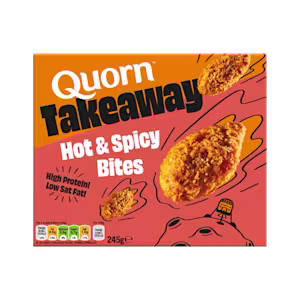 Box of Quorn Takeaway high-protein Hot & Spicy Bites showing crispy vegetarian bites.