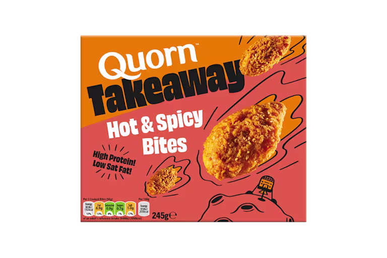 Box of Quorn Takeaway high-protein Hot & Spicy Bites showing crispy vegetarian bites.