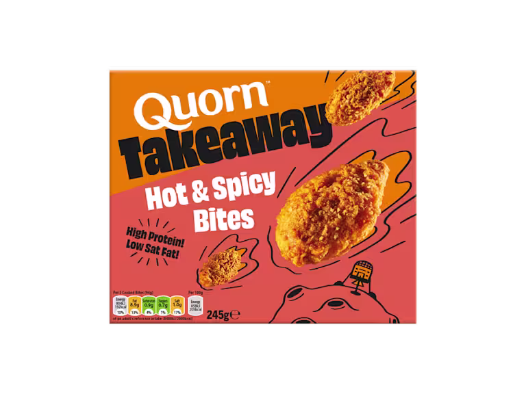 Box of Quorn Takeaway high-protein Hot & Spicy Bites showing crispy vegetarian bites.