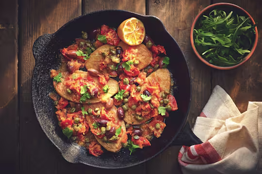 Quorn Fillets topped with a sauce made of kalamata olives, capers, and tomatoes topped with parsley and half of a charred lemon in a cast iron skillet with a terra cotta bowl of arugula on the side.