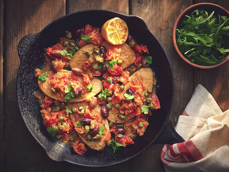 Quorn Fillets topped with a sauce made of kalamata olives, capers, and tomatoes topped with parsley and half of a charred lemon in a cast iron skillet with a terra cotta bowl of arugula on the side.