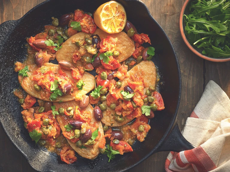 Quorn Schnitzel Nature mit Taggiasche-Oliven und getrockneten Tomaten