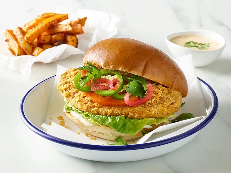 Crunchy Vegan Chicken Burgers, Sweet Potato Fries and Peri Mayo Dip