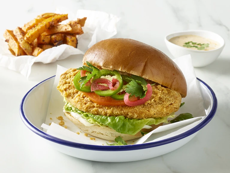 Crunchy Chicken Fillet Burgers, Sweet Potato Fries and Peri Mayo Dip