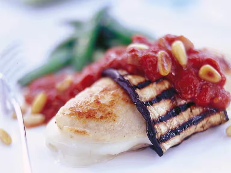 Lakto-ovo vegetariska auberginelindade Quornfiléer - recept