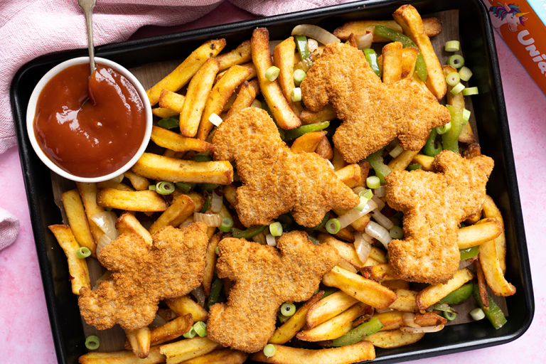 UniQuorns on a tray with Salt and Pepper Chips and Sweet and Sour Sauce