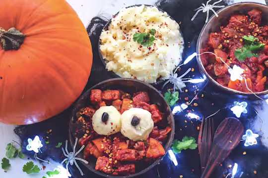Pumpkin curry with Quorn Pieces in a bowl with balls of mash on top for eyes next to a pumpkin, bowl of mash and ghost lights