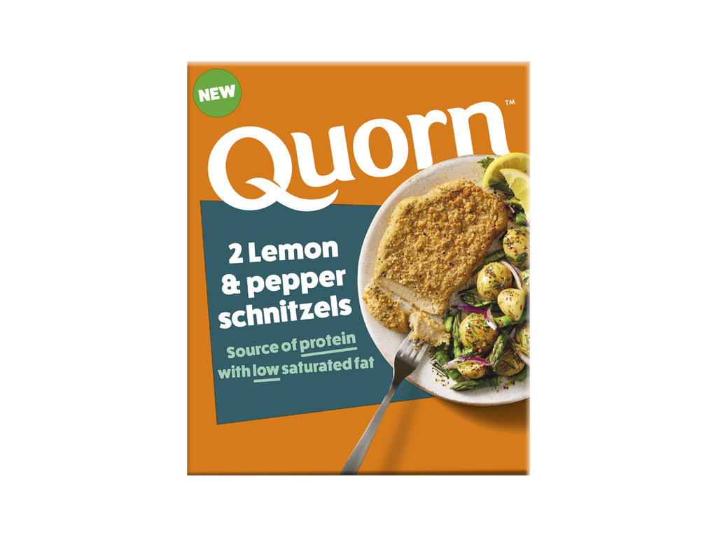 Close-up product image of the Quorn NEW Lemon & Pepper Schnitzels 220g pack, using the distinct split orange and teal packaging seen in other Quorn lines.