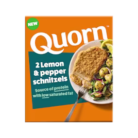 Close-up product image of the Quorn NEW Lemon & Pepper Schnitzels 220g pack, using the distinct split orange and teal packaging seen in other Quorn lines.