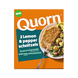 Close-up product image of the Quorn NEW Lemon & Pepper Schnitzels 220g pack, using the distinct split orange and teal packaging seen in other Quorn lines.