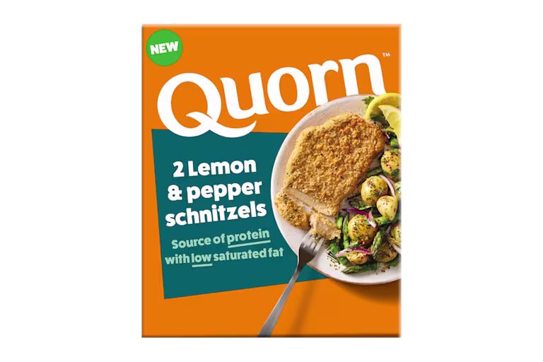 Close-up product image of the Quorn NEW Lemon & Pepper Schnitzels 220g pack, using the distinct split orange and teal packaging seen in other Quorn lines.