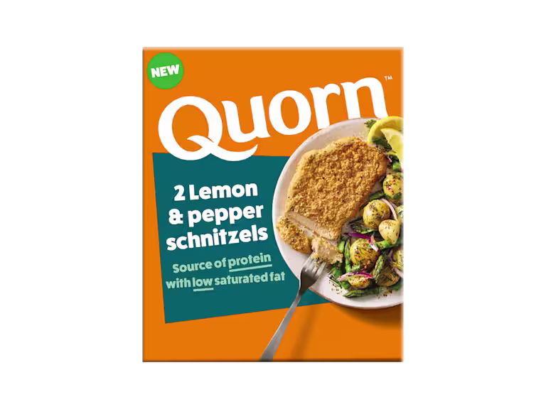 Close-up product image of the Quorn NEW Lemon & Pepper Schnitzels 220g pack, using the distinct split orange and teal packaging seen in other Quorn lines.