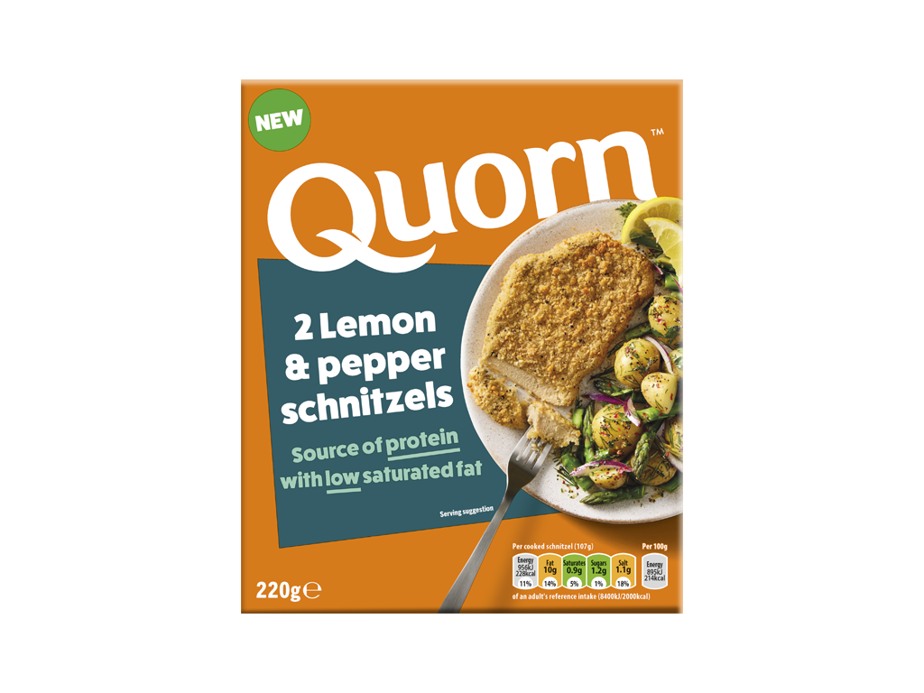 Close-up product image of the Quorn NEW Lemon & Pepper Schnitzels 220g pack, using the distinct split orange and teal packaging seen in other Quorn lines.