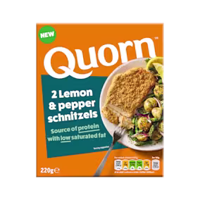 Close-up product image of the Quorn NEW Lemon & Pepper Schnitzels 220g pack, using the distinct split orange and teal packaging seen in other Quorn lines.