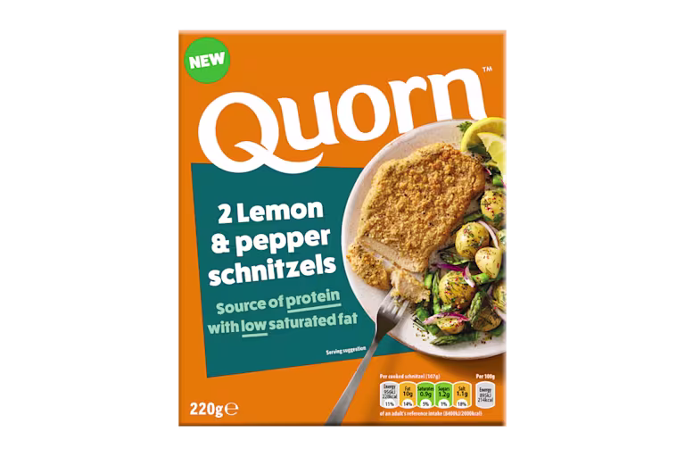 Close-up product image of the Quorn NEW Lemon & Pepper Schnitzels 220g pack, using the distinct split orange and teal packaging seen in other Quorn lines.