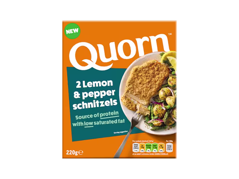 Close-up product image of the Quorn NEW Lemon & Pepper Schnitzels 220g pack, using the distinct split orange and teal packaging seen in other Quorn lines.