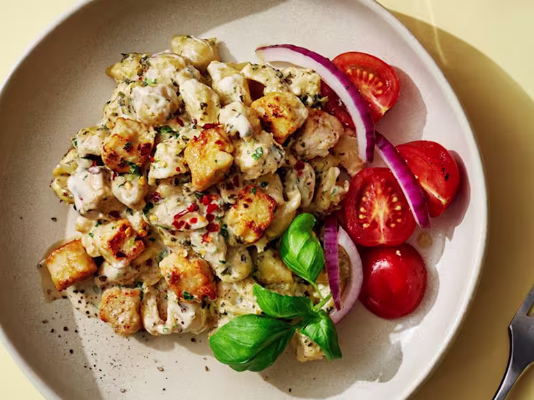 En tallrik med one pot pasta och Quorn.