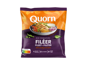 A bag of Quorn Fillets showing the prepared product and information on an orange and charcoal background.