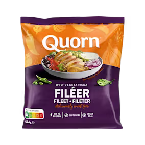 A bag of Quorn Fillets showing the prepared product and information on an orange and charcoal background.