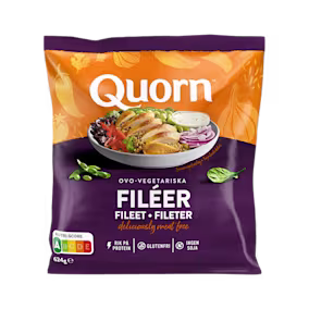 A bag of Quorn Fillets showing the prepared product and information on an orange and charcoal background.