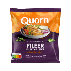 A bag of Quorn Fillets showing the prepared product and information on an orange and charcoal background.