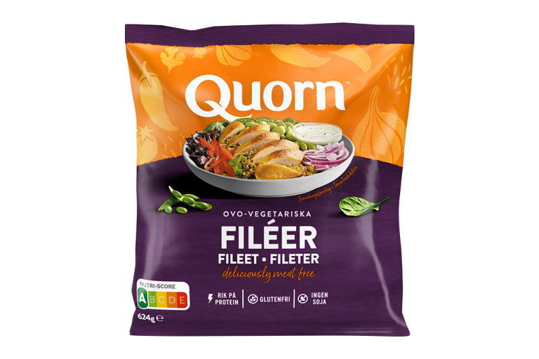 A bag of Quorn Fillets showing the prepared product and information on an orange and charcoal background.