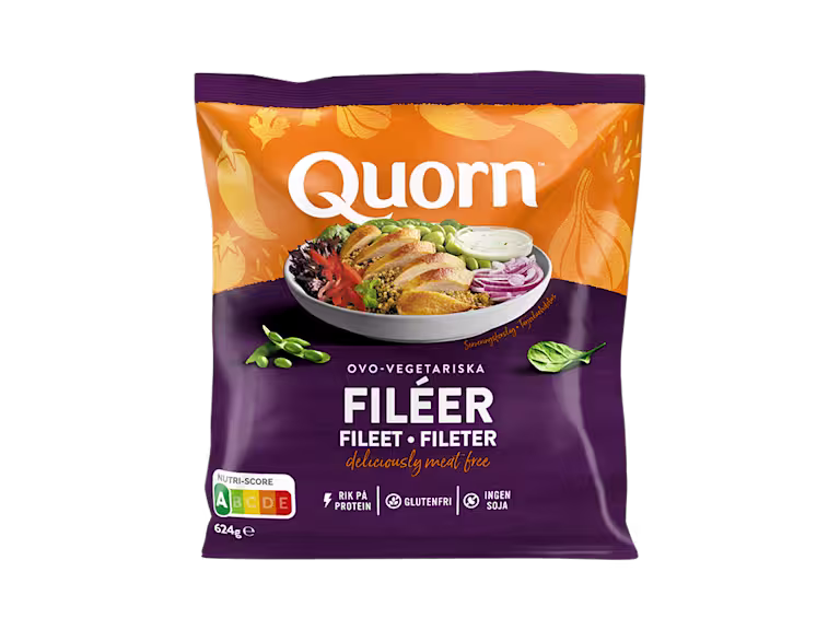 A bag of Quorn Fillets showing the prepared product and information on an orange and charcoal background.