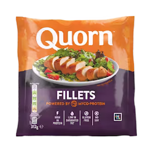 A bag of Quorn Fillets showing the prepared product and information on an orange and charcoal background.
