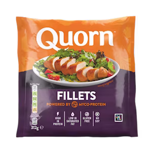A bag of Quorn Fillets showing the prepared product and information on an orange and charcoal background.