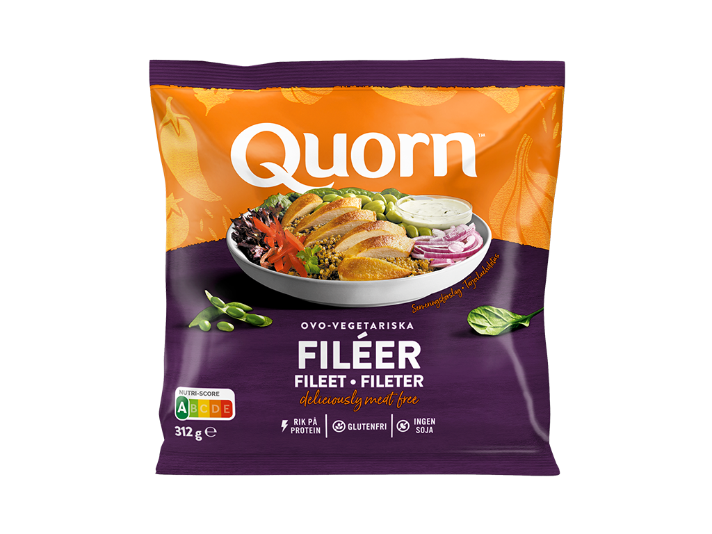 A bag of Quorn Fillets showing the prepared product and information on an orange and charcoal background.