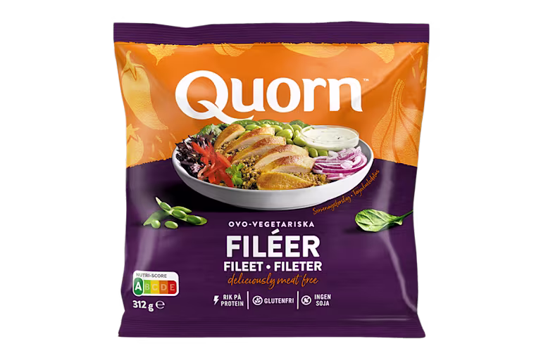 A bag of Quorn Fillets showing the prepared product and information on an orange and charcoal background.