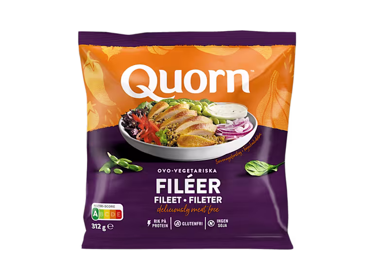 A bag of Quorn Fillets showing the prepared product and information on an orange and charcoal background.