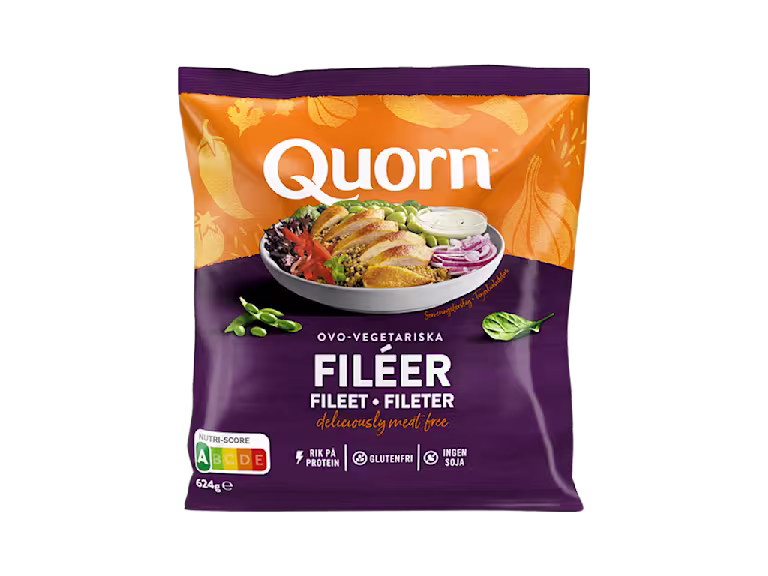 A bag of Quorn Fillets showing the prepared product and information on an orange and charcoal background.